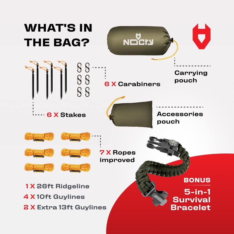 NoCry غطاء مطري 12x10 خفيف الوزن للبقاء في الهواء الطلق; 100% مقاوم للماء; يعد غطاء رائعًا للتخييم أو ملجأ للأرجوحة; يأتي بألوان متعددة، مع سوار بقاء مرفق; أخضر عسكري - Image 2